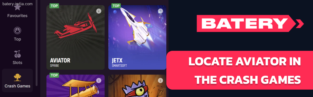 Locate Aviator Batery Bet in the Crash Games category